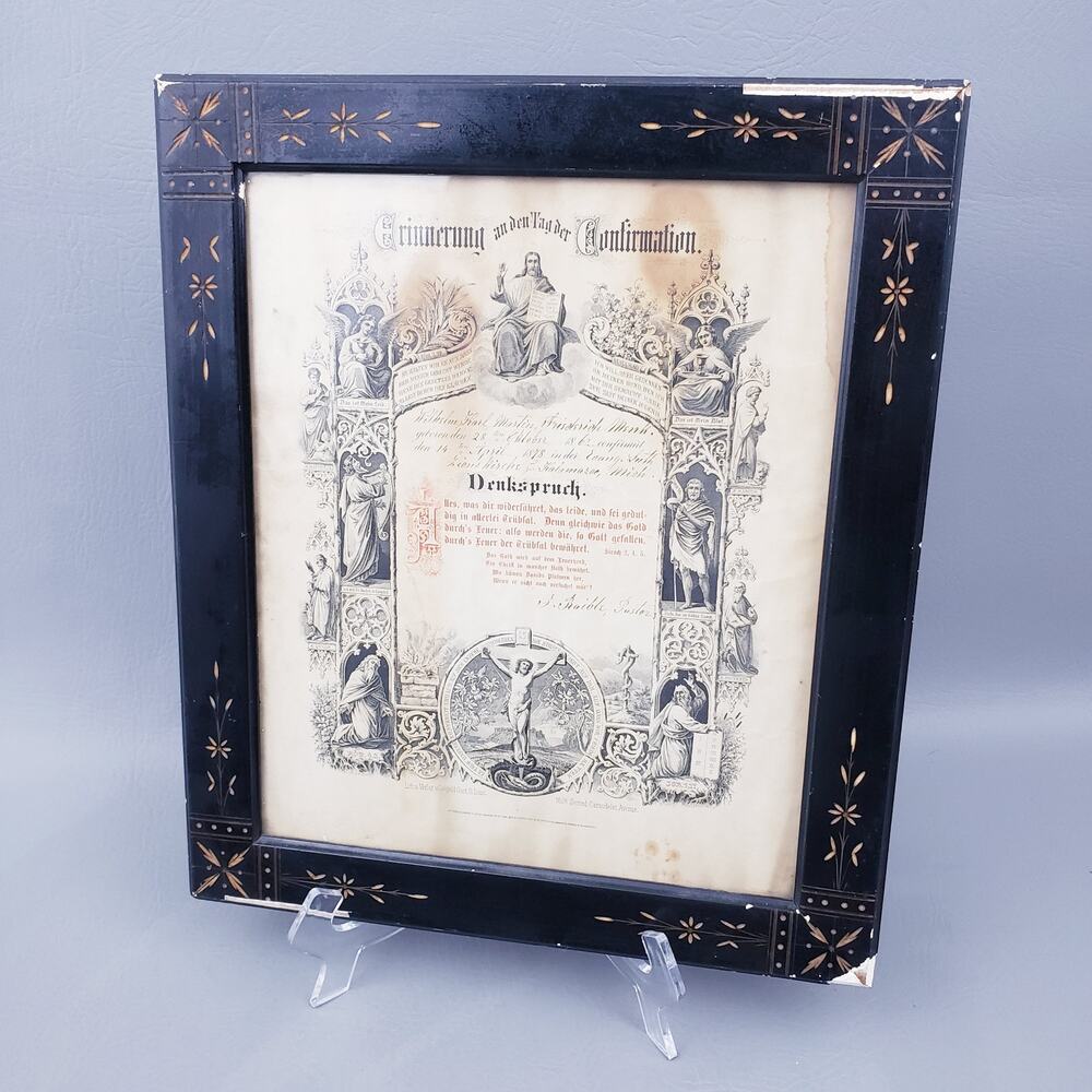 Antique Confirmation Certificate 187 USA in German ORIGINAL Frame Kalamazoo, MI